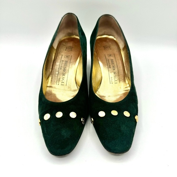 BRUNO MAGLI GREEN LEATJER PUMP 80s VINTAGE HEELS BLOCK HEELS CHUNKY HEELS 38.5 - Picture 4 of 12
